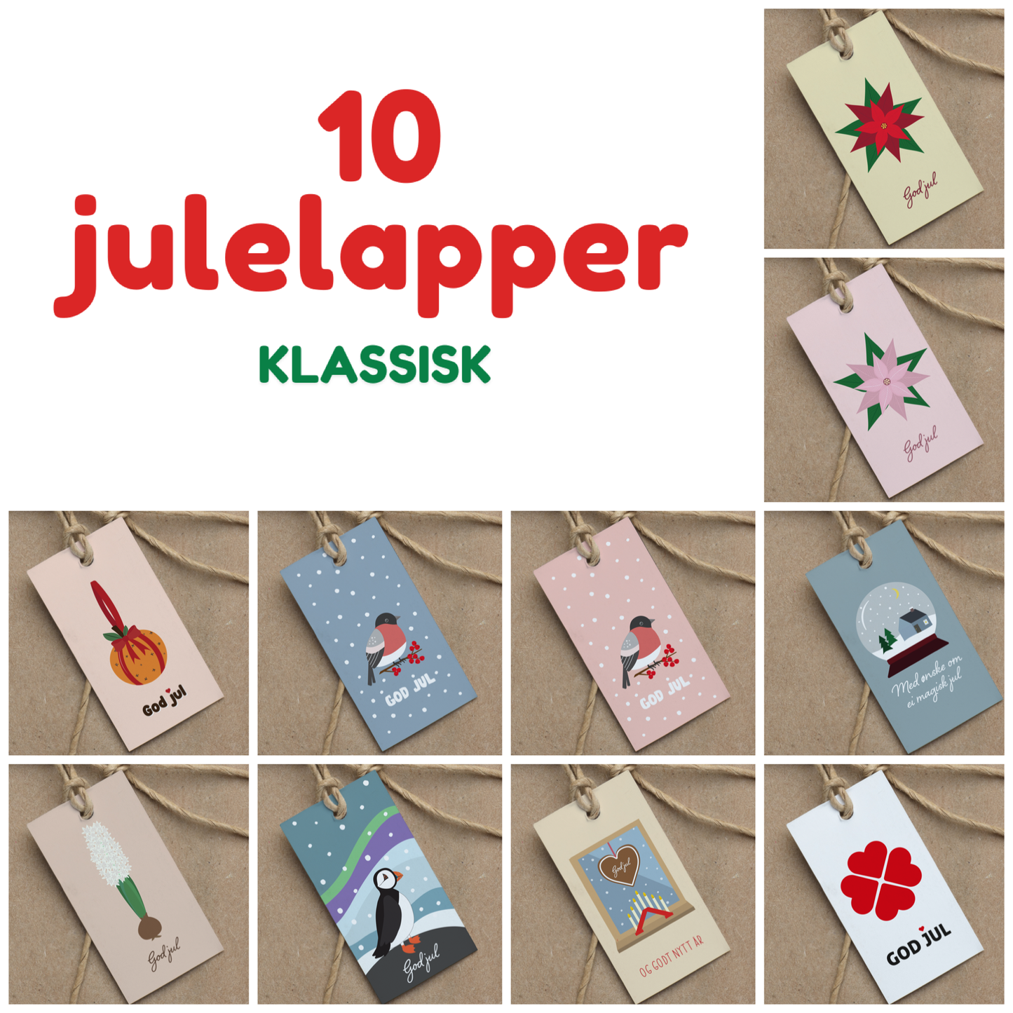 Pakke med 10 gavelapper JUL: Klassisk