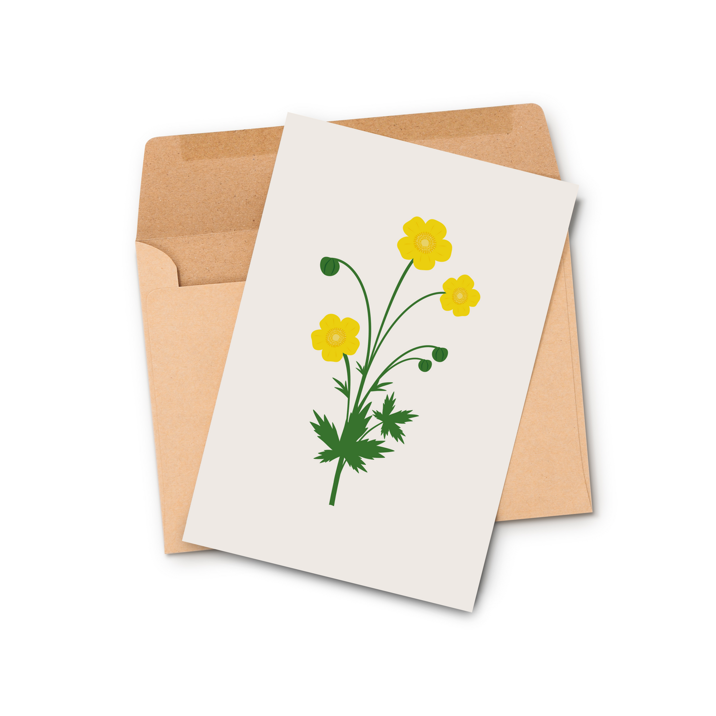 Dobbelt kort med motiv av gule smørblomster vist sammen med en klassisk brun konvolutt i resirkulert papir