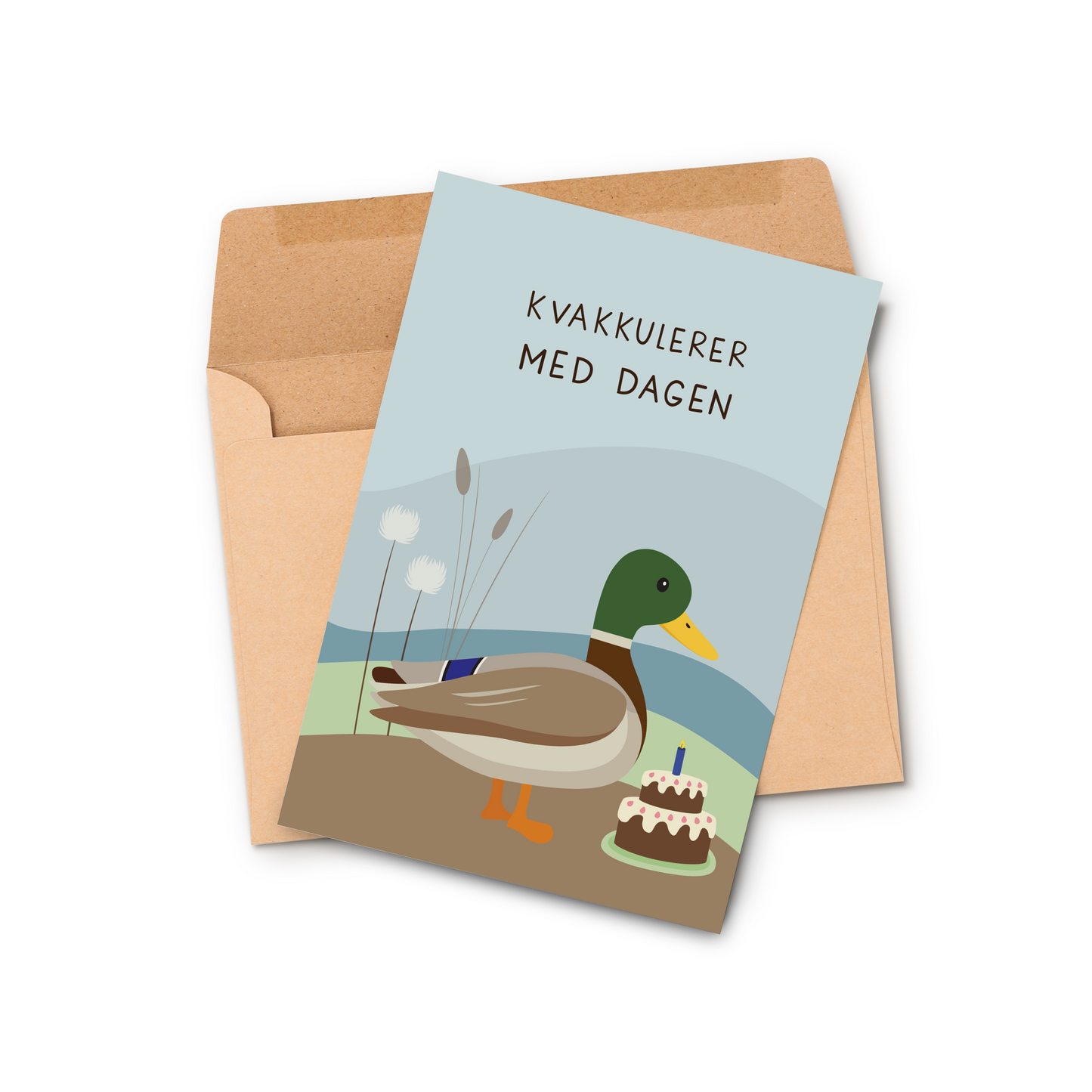 Dobbelt kort med illustrasjon av en and vist sammen med en klassisk brun konvolutt i resirkulert papir