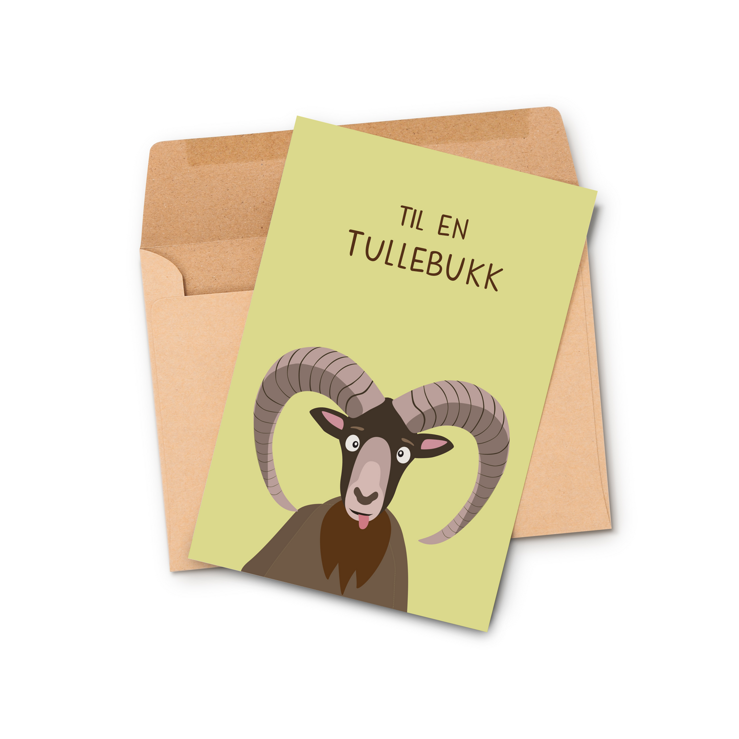 Dobbelt kort med tittelen Til en tullebukk vist sammen med en brun konvolutt i resirkulert papir