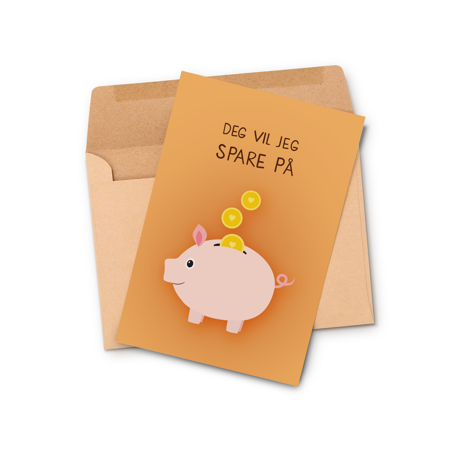 Oransj kort med sparegris-illustrasjon og teksten 'Deg vil jeg spare på', vist sammen med en brun konvolutt i resirkulert papir