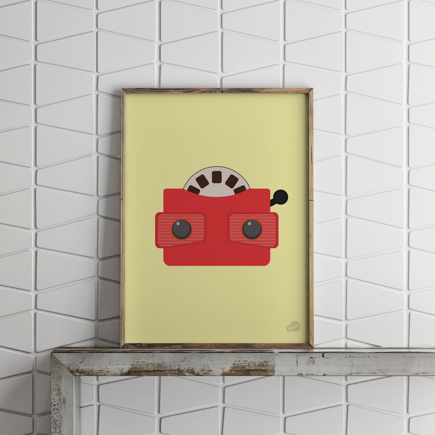 Gul plakat med digital illustrasjon av nostalgisk viewmaster, rammet inn og stående på en hylle