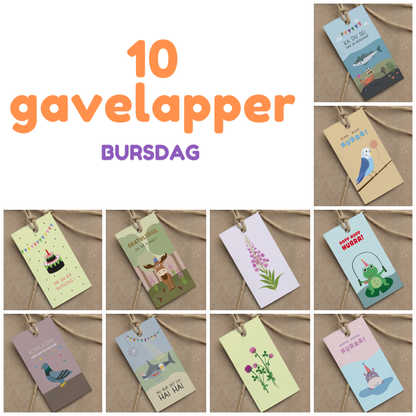 Pakke med 10 gavelapper: Bursdag!