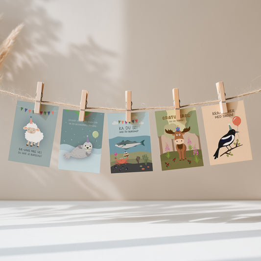 Kortpakke med 5 kort: Bursdag!