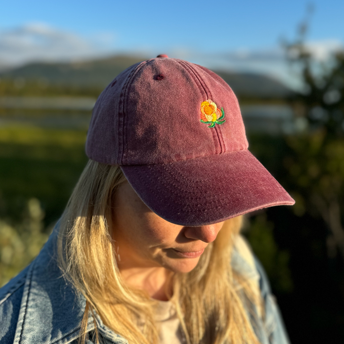 Vinrød vintage caps i bomull med detaljert multe-broderi fra Holloi
