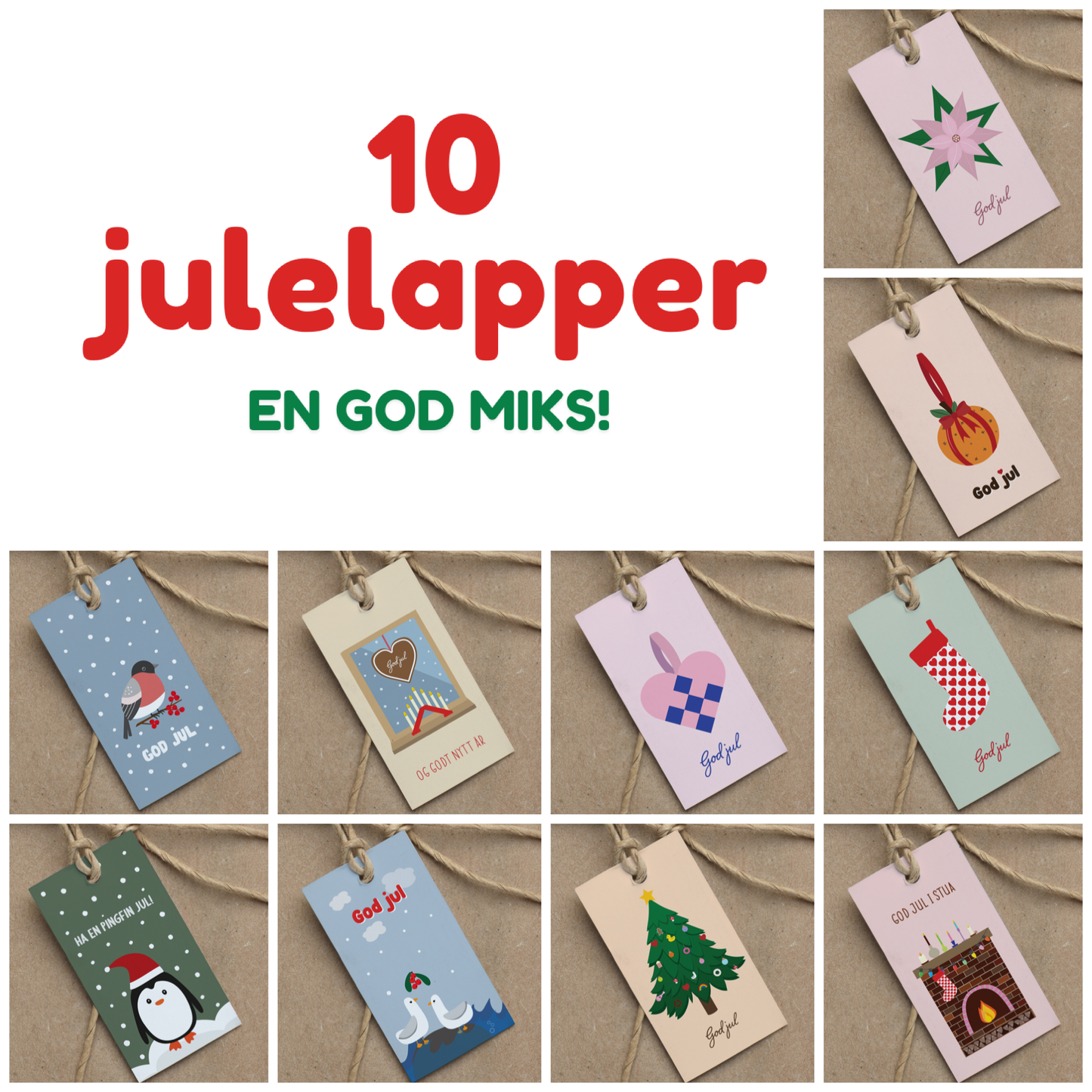 Pakke med 10 gavelapper JUL: En god miks!