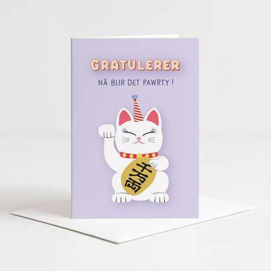 Dobbelt kort fra Holloi med illustrasjon av en liten katt i festhatt og teksten NÅ BLIR DET PAWRTY!