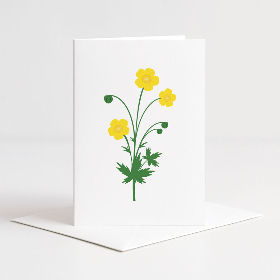 Hvitt dobbeltkort fra Holloi med en enkel og vakker illustrasjon av gule smørblomster med grønne blader