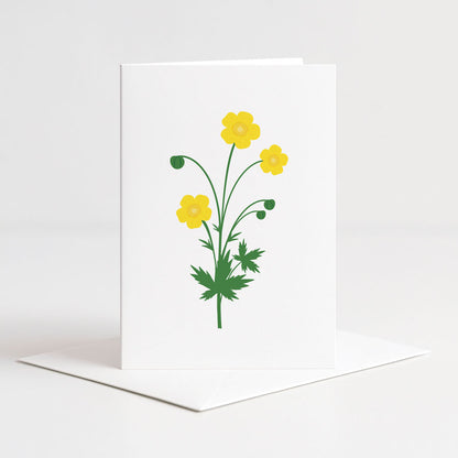 Hvitt dobbeltkort fra Holloi med en enkel og vakker illustrasjon av gule smørblomster med grønne blader