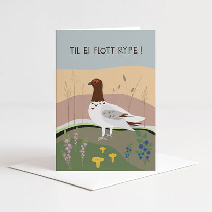 Dobbelt kort fra Holloi med motiv av en rype i et fjellandskap med lyng, blåbær og kantareller, og teksten TIL EI FLOTT RYPE