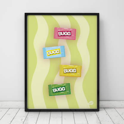 Grønn retro plakat med grønn illustrasjon av klassisk BUGG-tyggis, nostalgisk kunst fra Holloi