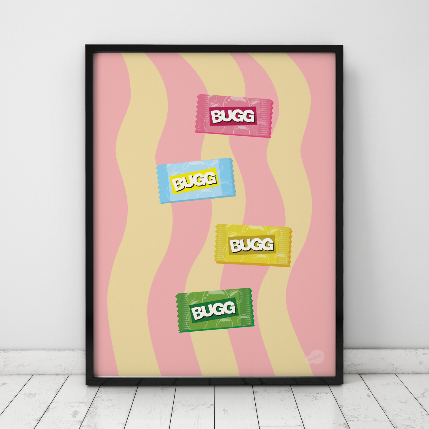 Rosa retro plakat med illustrasjon av nostalgisk tyggis, norsk popkunst fra Holloi