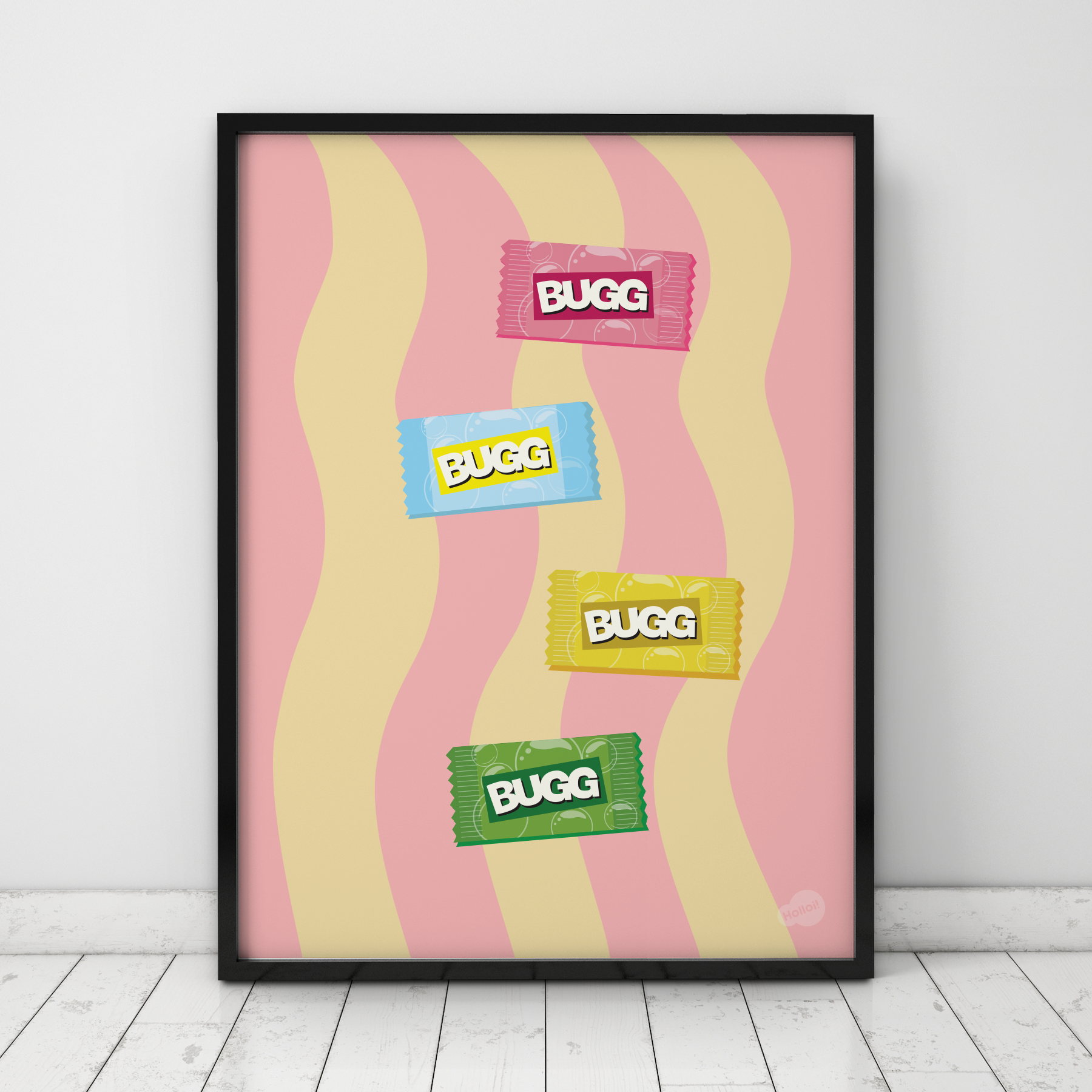 Rosa retro plakat med illustrasjon av nostalgisk tyggis, norsk popkunst fra Holloi
