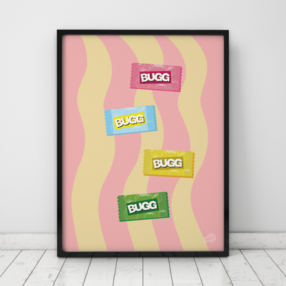Rosa retro plakat med illustrasjon av nostalgisk tyggis, norsk popkunst fra Holloi
