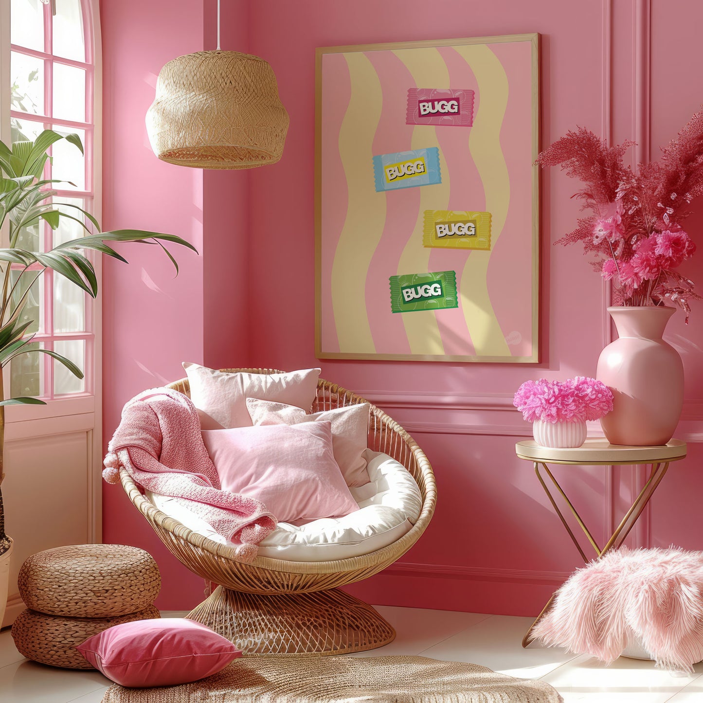 Innrammet rosa BUGG-plakat på en vegg i rosa rom, fargerik og morsom veggdekor som passer perfekt til en bildevegg
