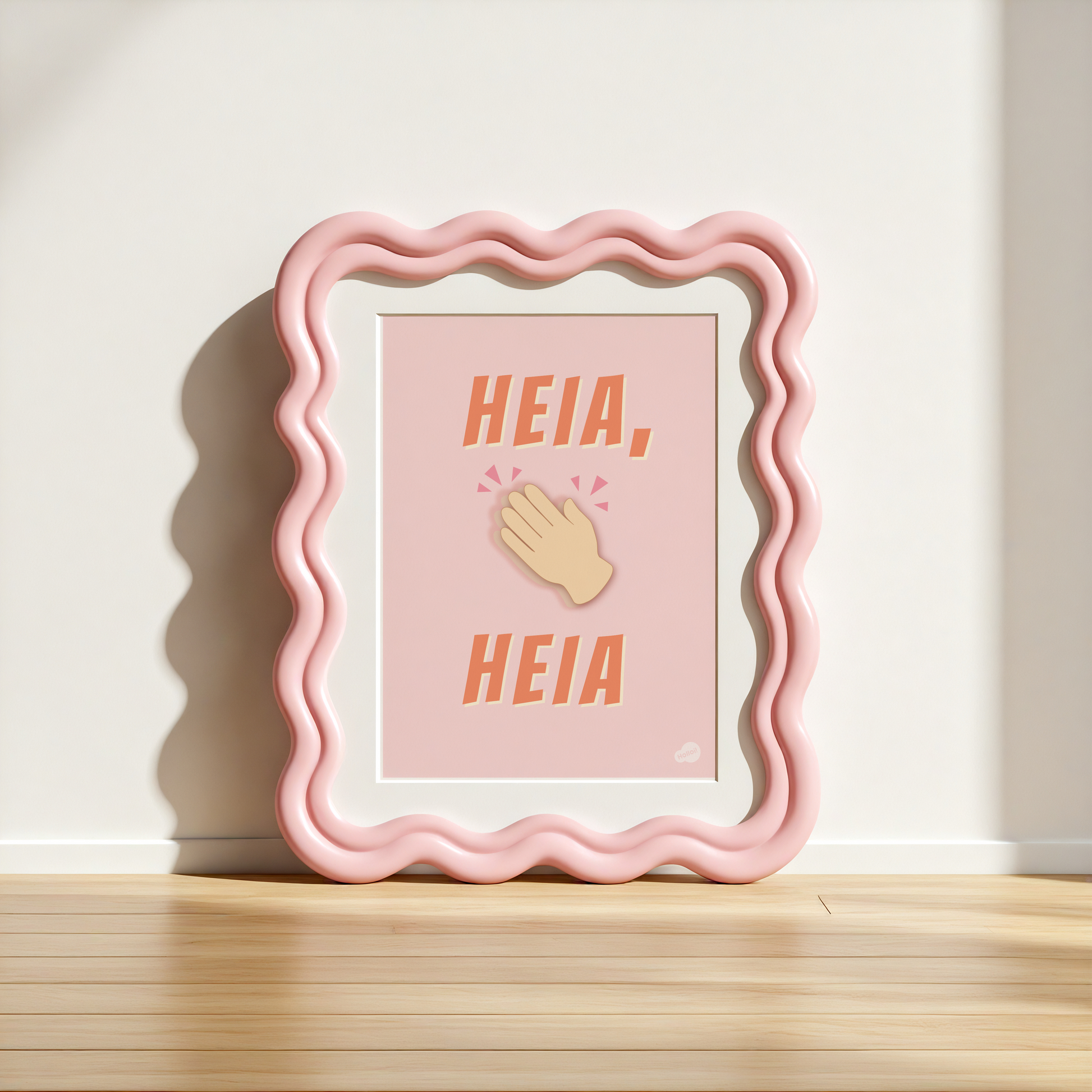 Plakat med motiv av hender som klapper og teksten Heia, heia innrammet i en rosa ramme med bølgeform