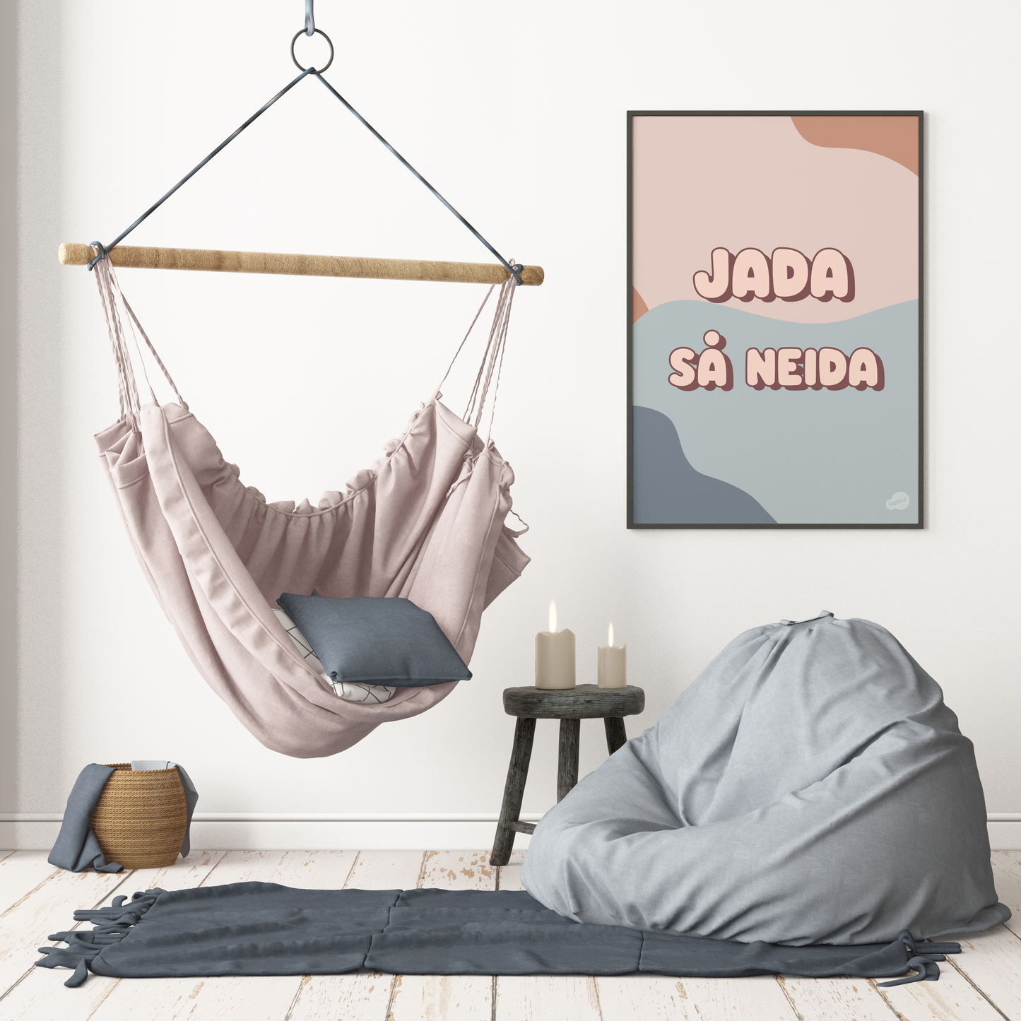 Innrammet blå tekstplakat på en vegg, morsom og dekorativ bildekunst