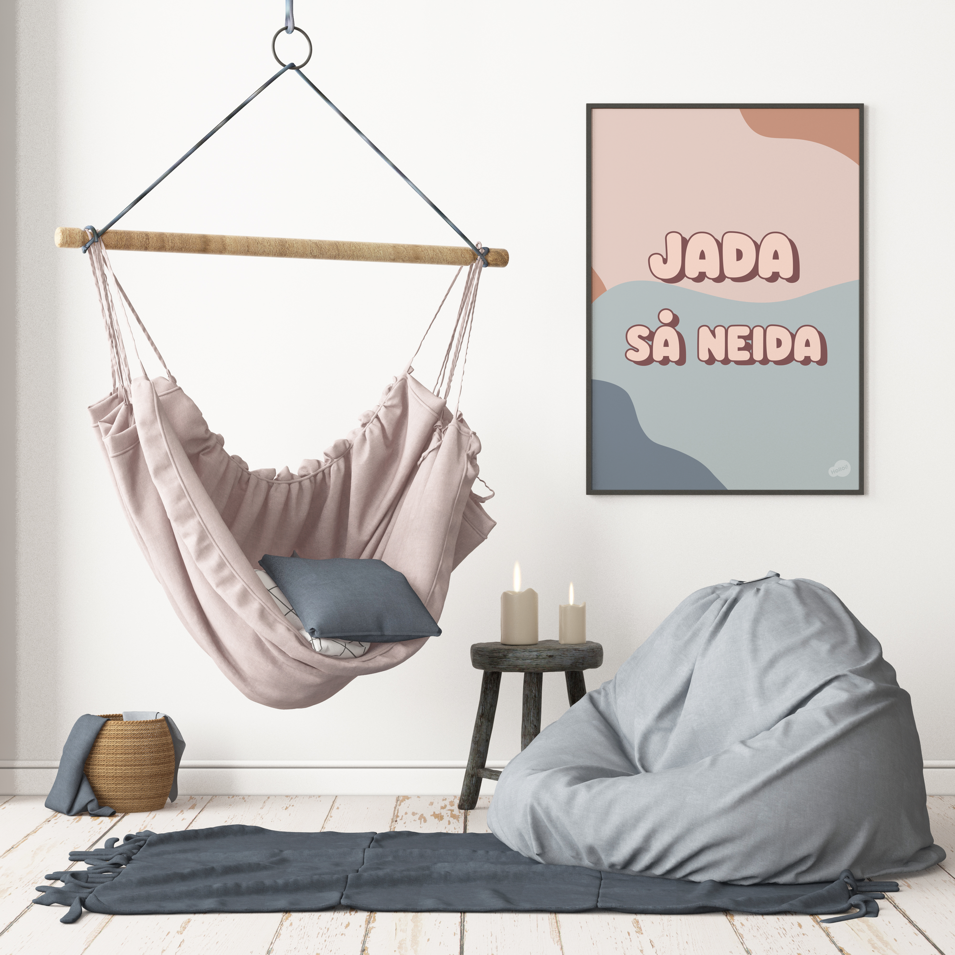 Innrammet blå tekstplakat på en vegg, morsom og dekorativ bildekunst