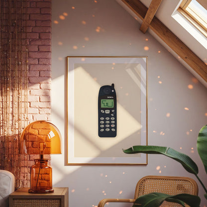 Digital illustrasjon av nostalgisk mobiltelefon, som henger innrammet på veggen i et rom med fargerikt interiør og mye lys
