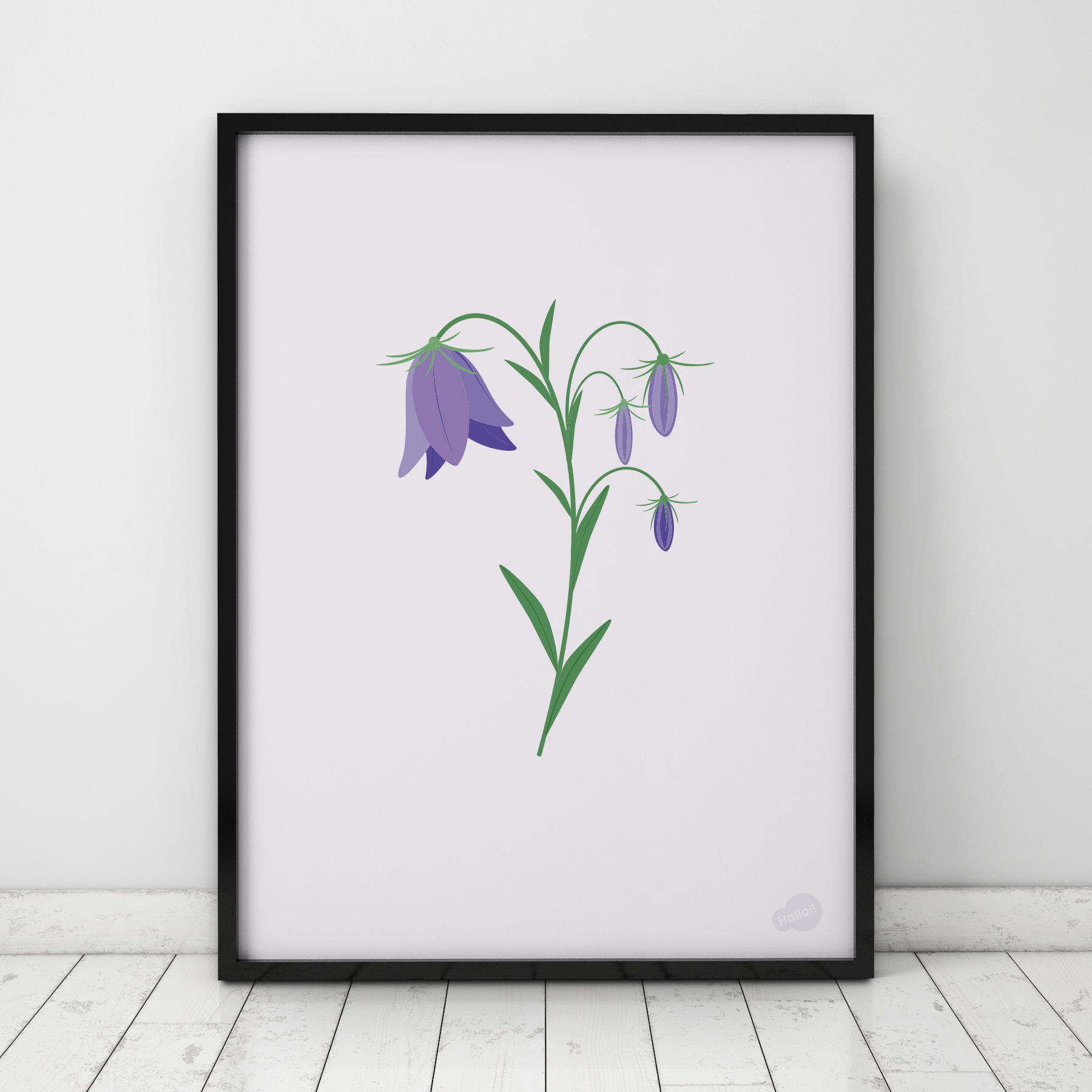 Botanisk plakat med illustrasjon av blåklokke på lys illa bakgrunn, design av Holloi
