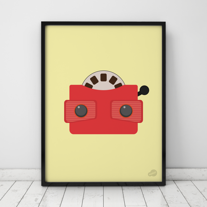 Gul retro plakat med motiv av klassisk viewmaster, kalt Blinkskudd, fargerik popkunst og veggdekor fra Hollo