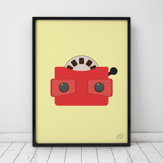 Gul retro plakat med motiv av klassisk viewmaster, kalt Blinkskudd, fargerik popkunst og veggdekor fra Hollo