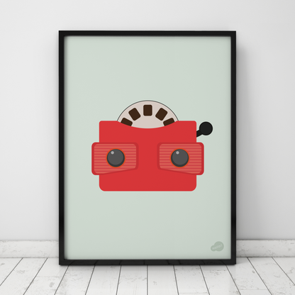 Mintgrønn plakat med digital illustrasjon av nostalgisk viewmaster, norsk design av Holloi