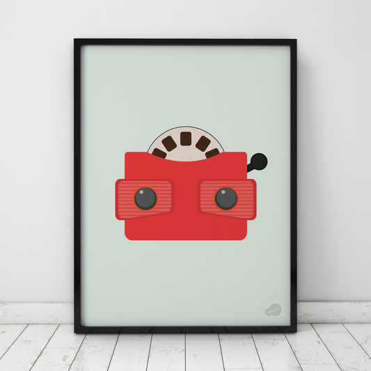 Mintgrønn plakat med digital illustrasjon av nostalgisk viewmaster, norsk design av Holloi