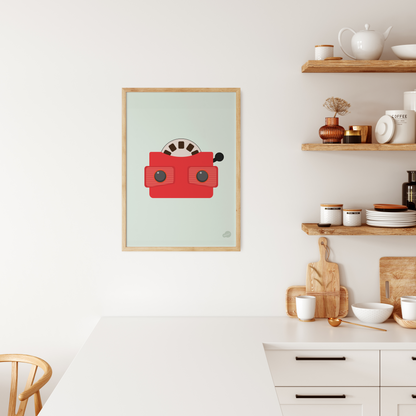 Mintgrønn plakat med digital illustrasjon av nostalgisk viewmaster, hengende på en kjøkkenvegg
