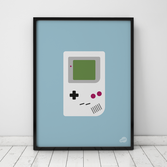 Blå retro plakat med klassisk Game Boy-motiv, designet av Holloi