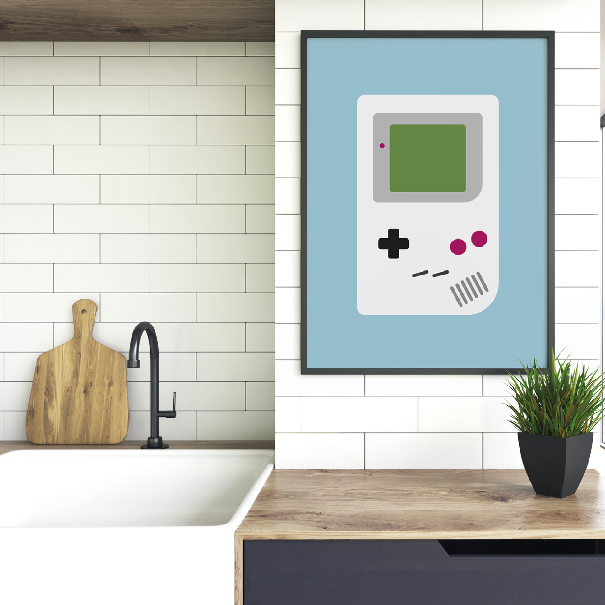 Plakat med retro motiv av Gameboy hengende på et kjøkken