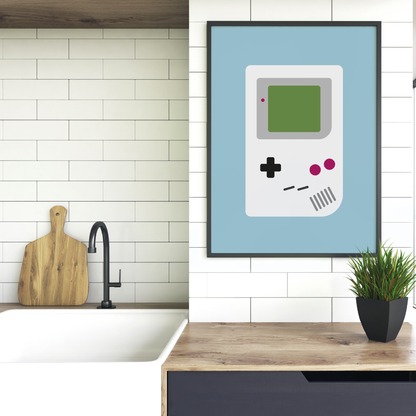 Plakat med retro motiv av Gameboy hengende på et kjøkken