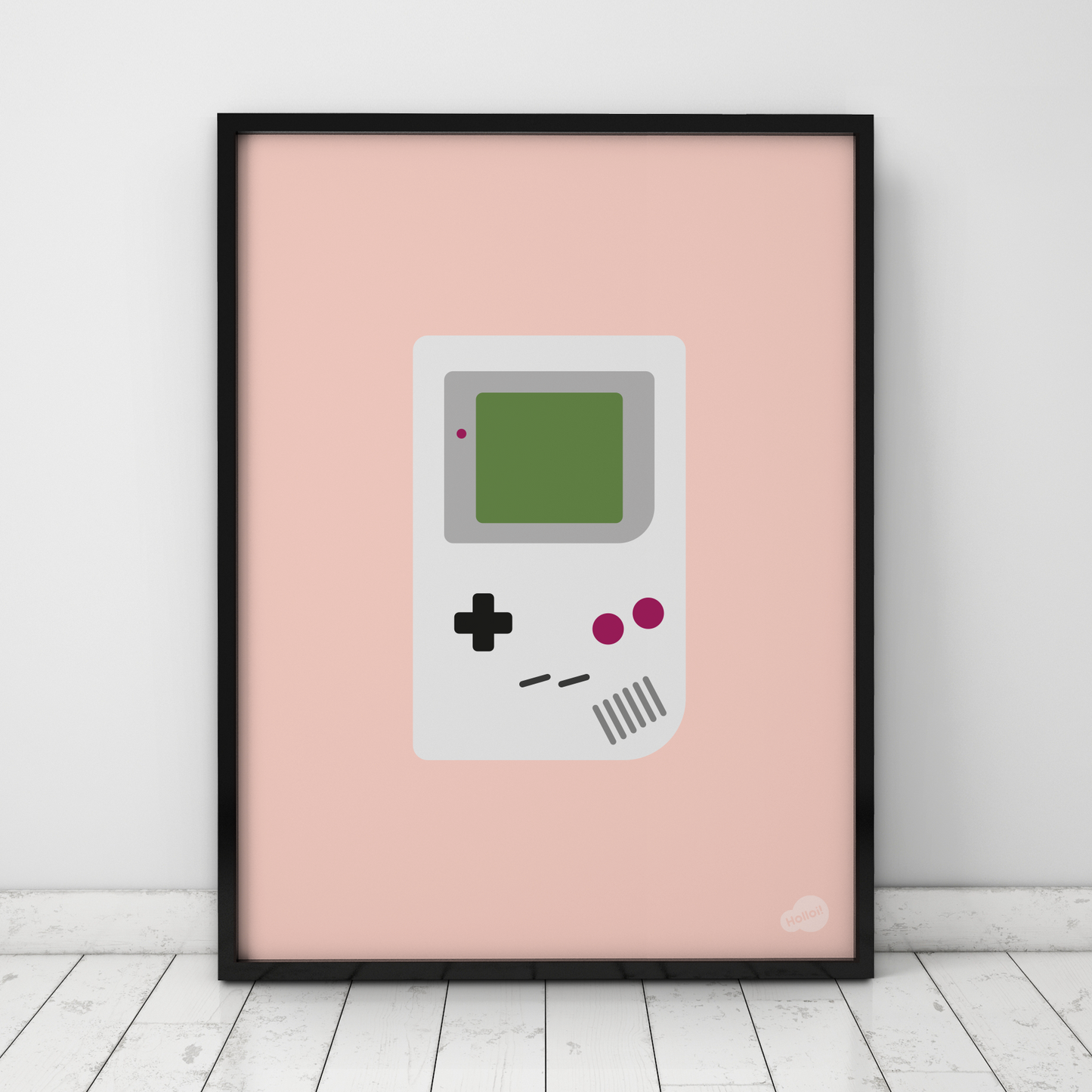 Plakat med digital illustrasjon av retro Game Boy med rosa bakgrunn