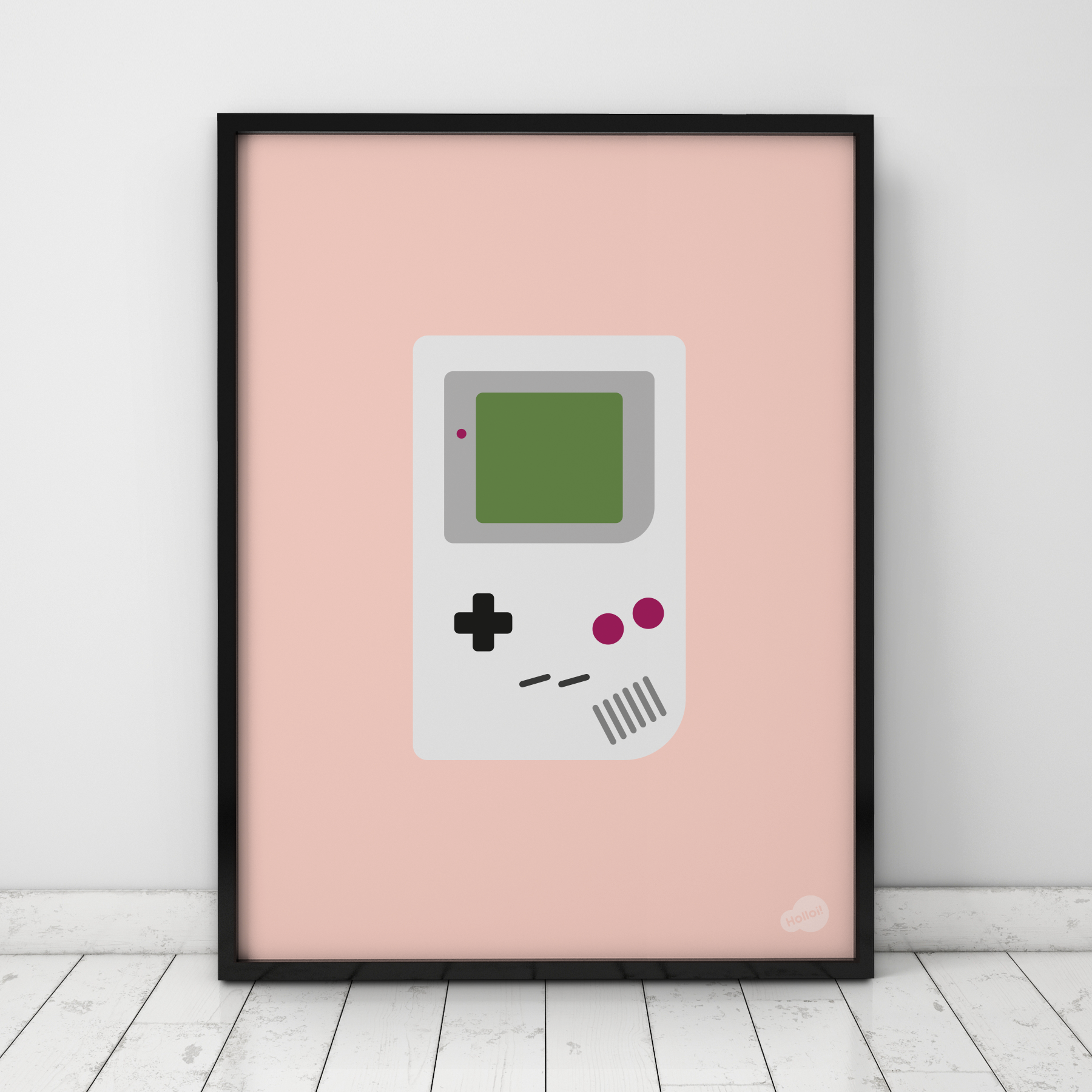 Plakat med digital illustrasjon av retro Game Boy med rosa bakgrunn