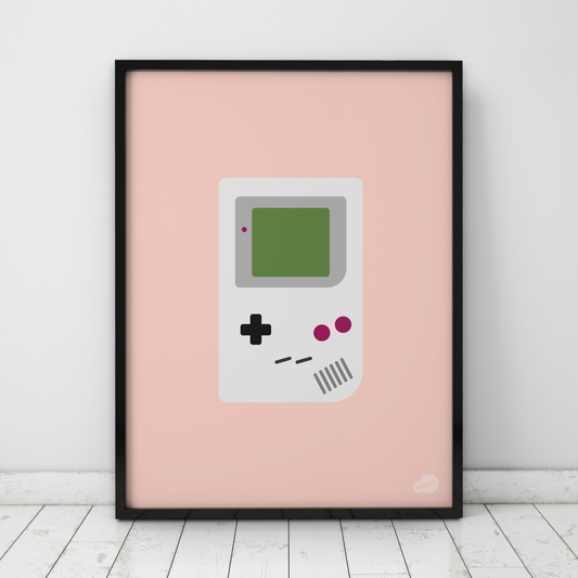Plakat med digital illustrasjon av retro Game Boy med rosa bakgrunn
