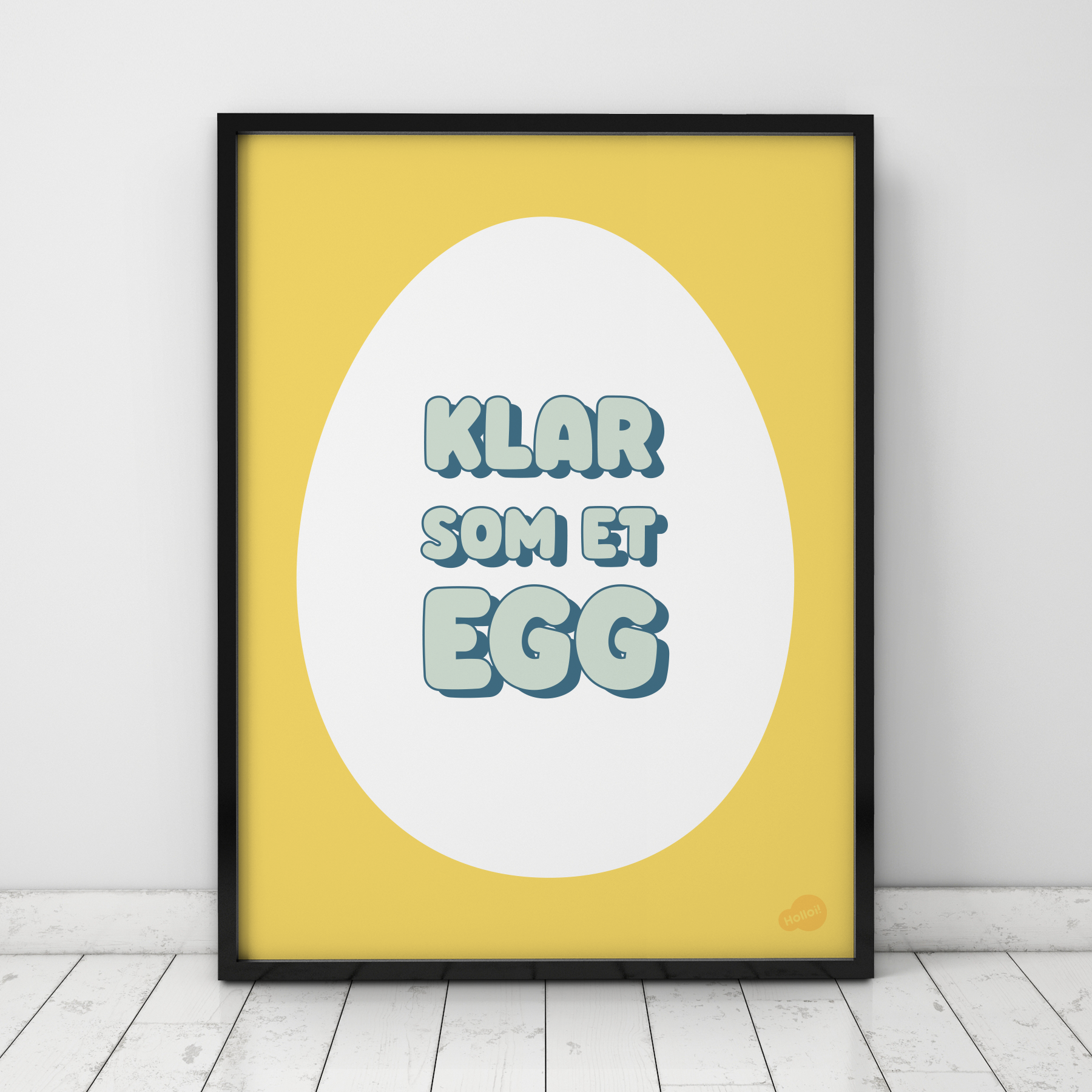 Grafisk plakat med illustrasjon av et egg og teksten "Klar som et egg"