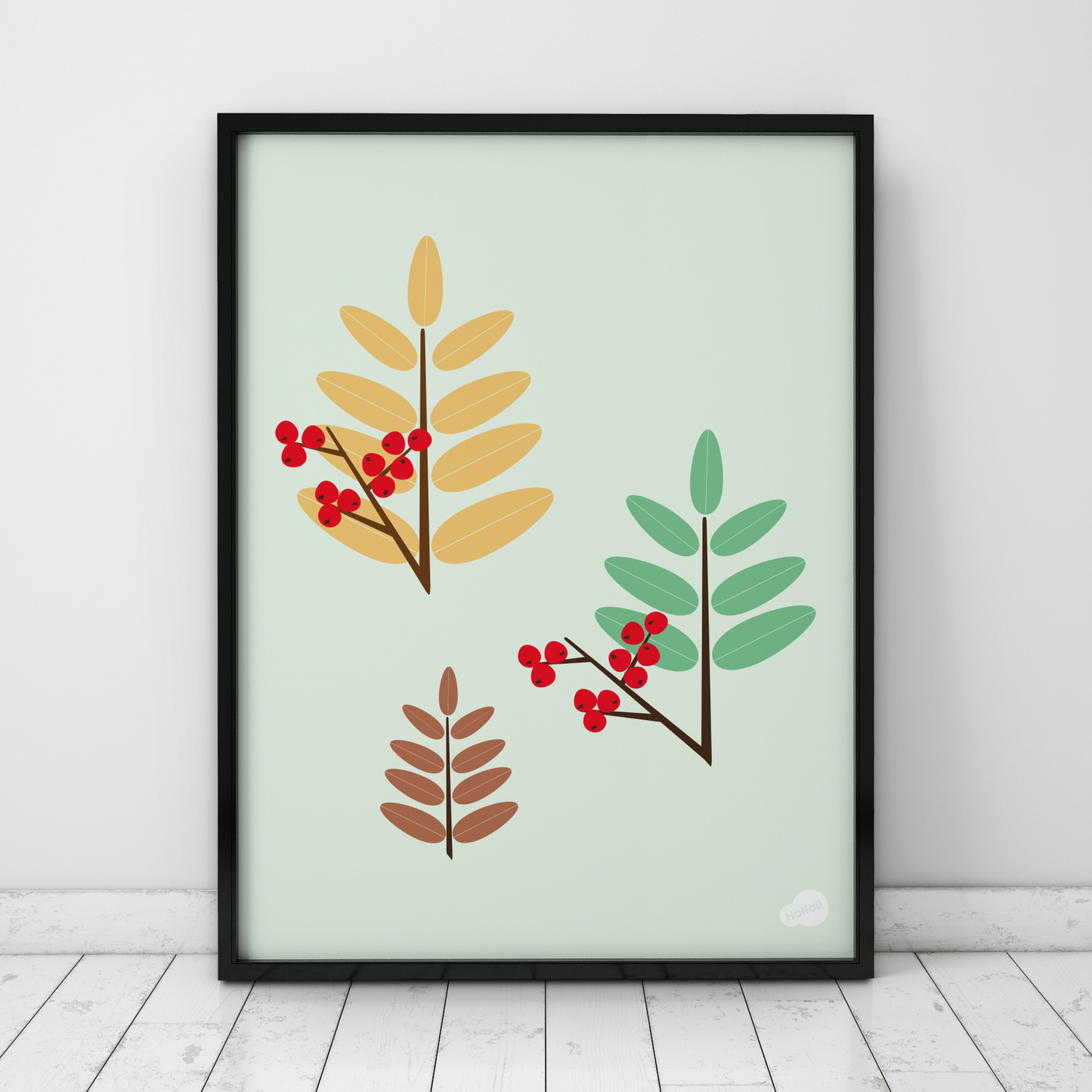 Botanisk plakat med illustrasjon av rognebær, moderne norsk naturkunst fra Holloi