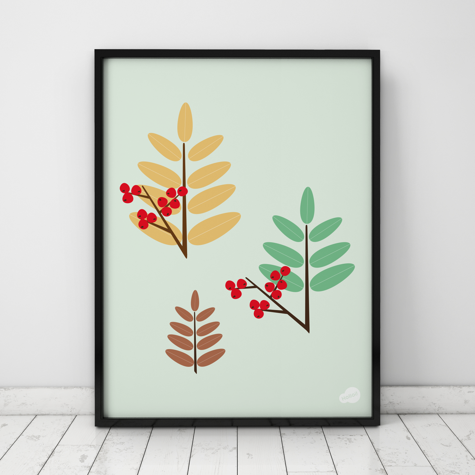Botanisk plakat med illustrasjon av rognebær, moderne norsk naturkunst fra Holloi