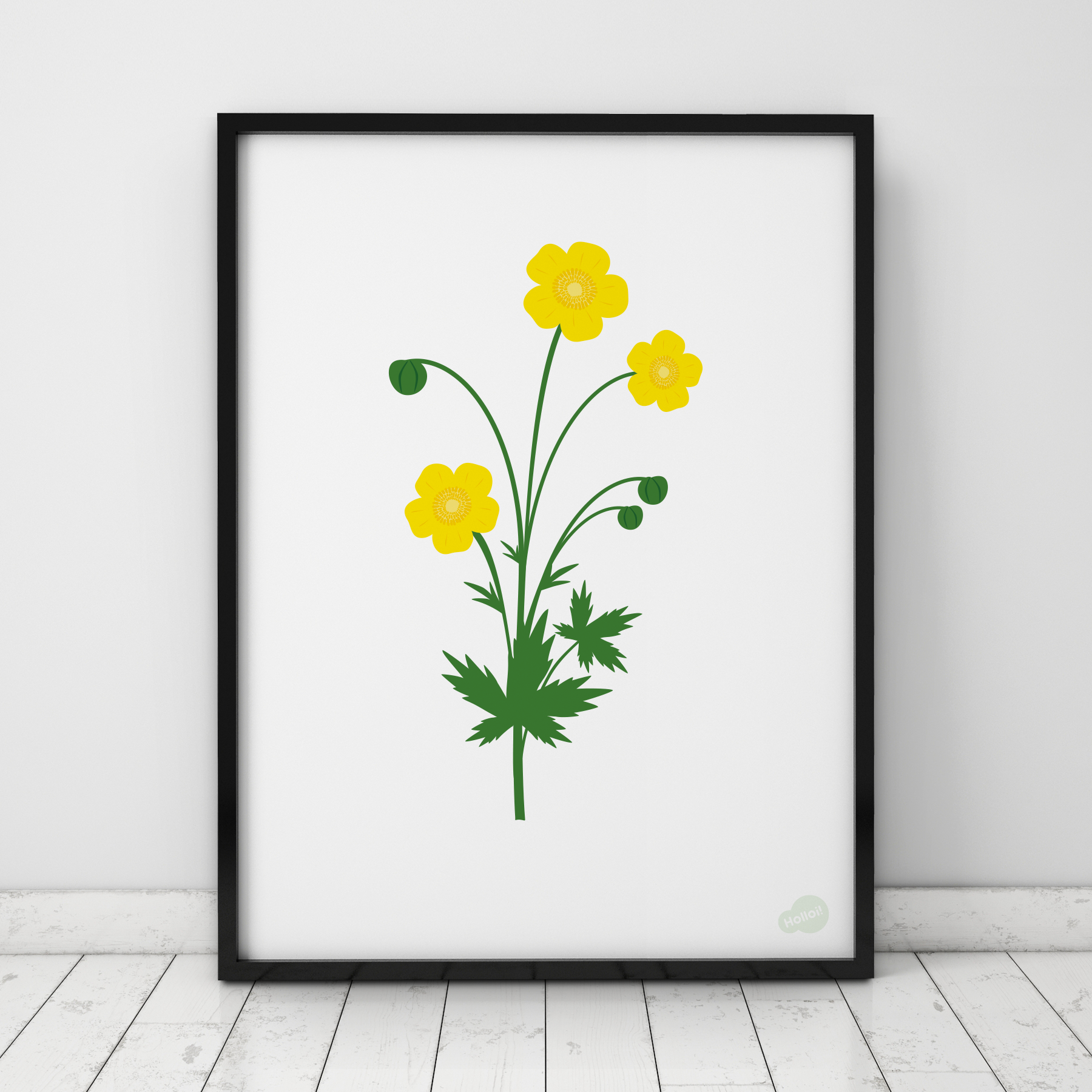 Lakat med illustrasjon av gul smørblomst, moderne norsk naturkunst og fargerik veggdekor fra Holloi