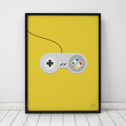 Plakat med digital illustrasjon av håndholdt spillkonsoll på gul bakgrunn, minimalistisk retro-kunst inspirert av 90-talls barndom