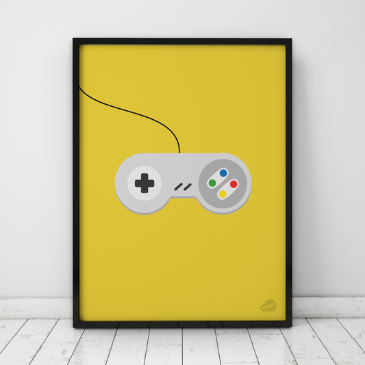 Plakat med digital illustrasjon av håndholdt spillkonsoll på gul bakgrunn, minimalistisk retro-kunst inspirert av 90-talls barndom